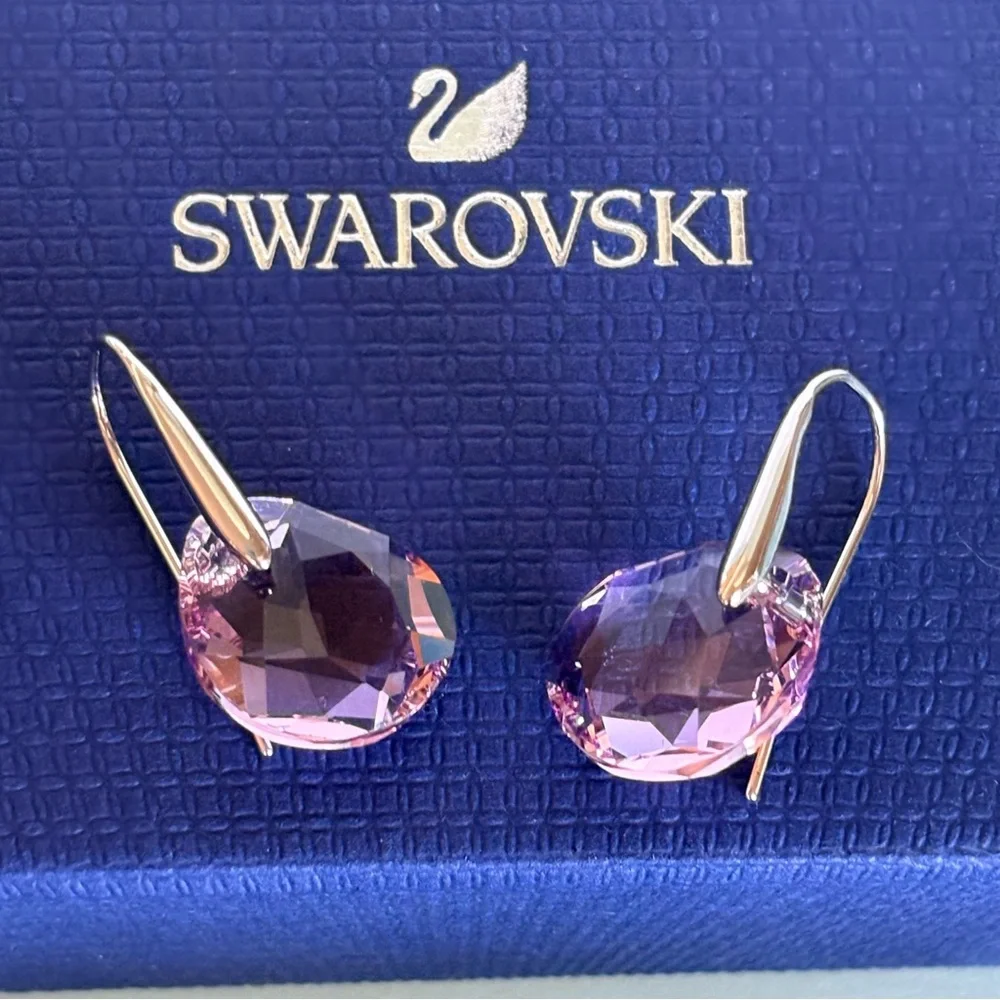 Authentic Swarovski Galet Cut Soft Purple Rhodium Plated Fish Hook Drop Earrings - Picture 6 of 15